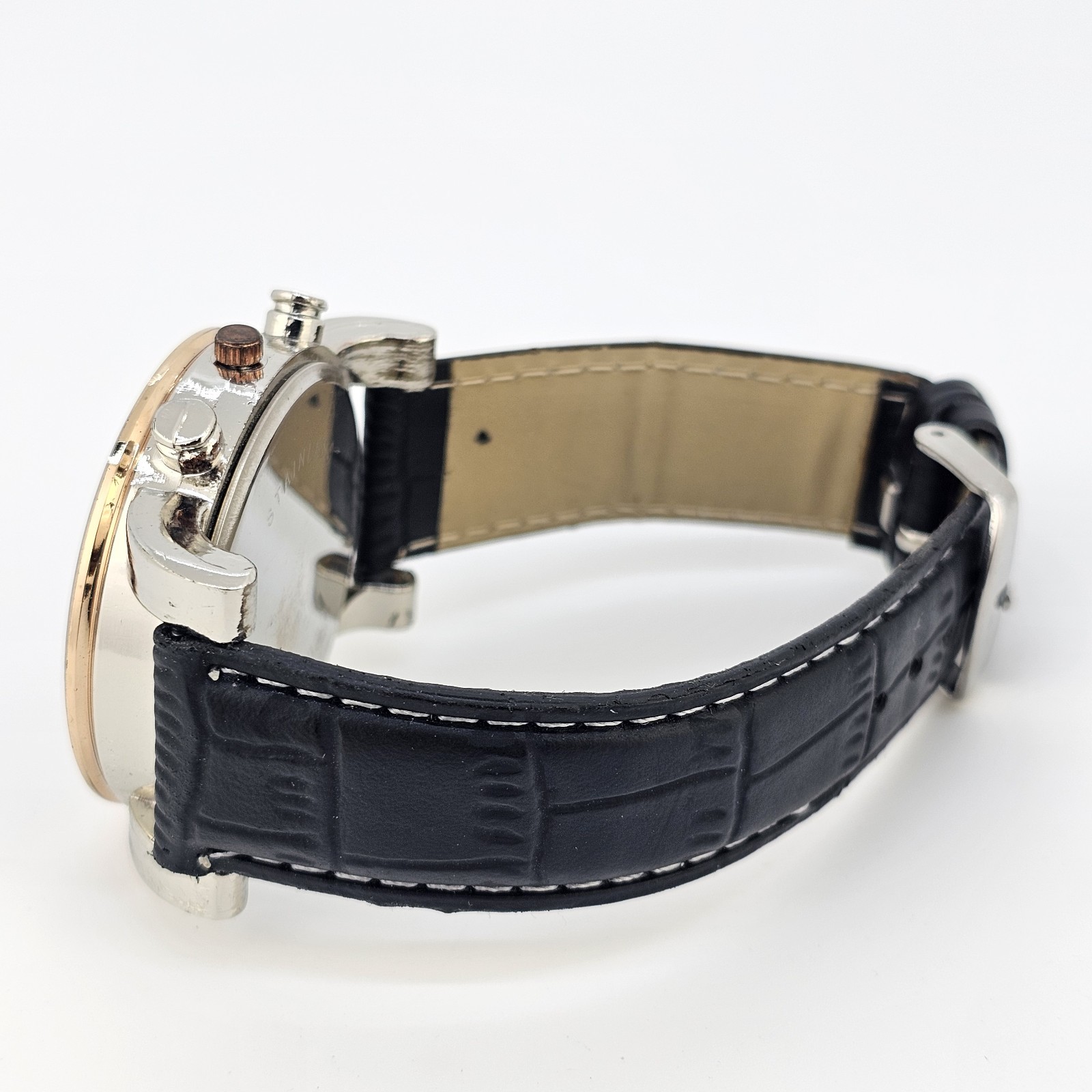 Men’s Analog Watch 43MM Black Dial Black Faux Leather Bands New Battery