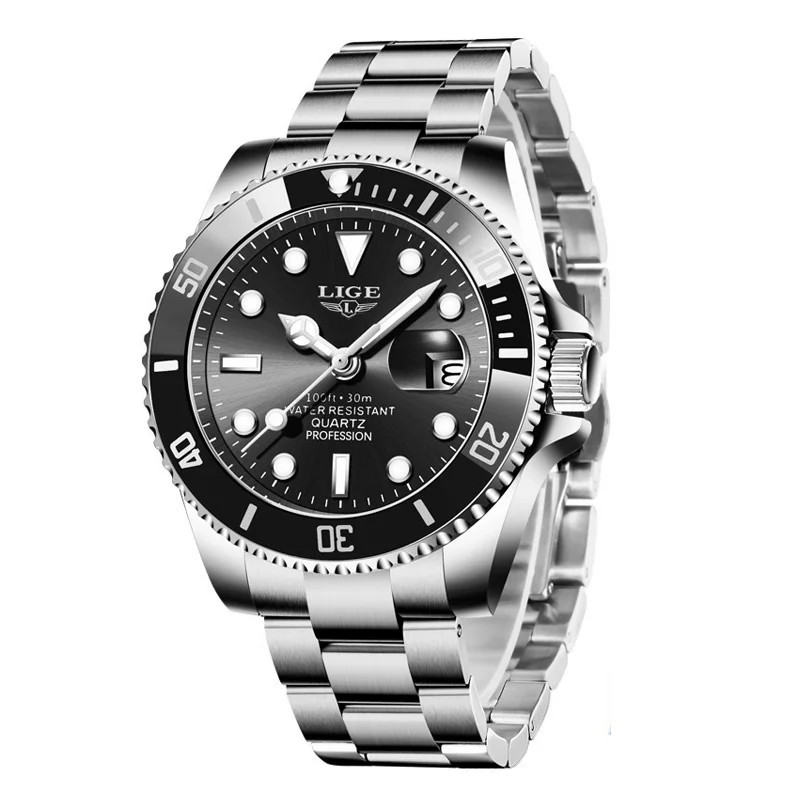 LIGE Business Men Watches Auto Date Quartz Watch Mens Stainless Steel Military M
