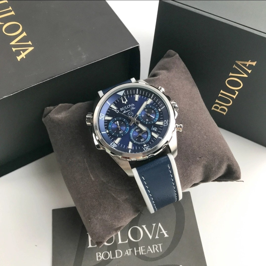 Bulova Men’s Marine Star 96b287 Chronograph Silicone Strap Blue Dial Watch 43mm