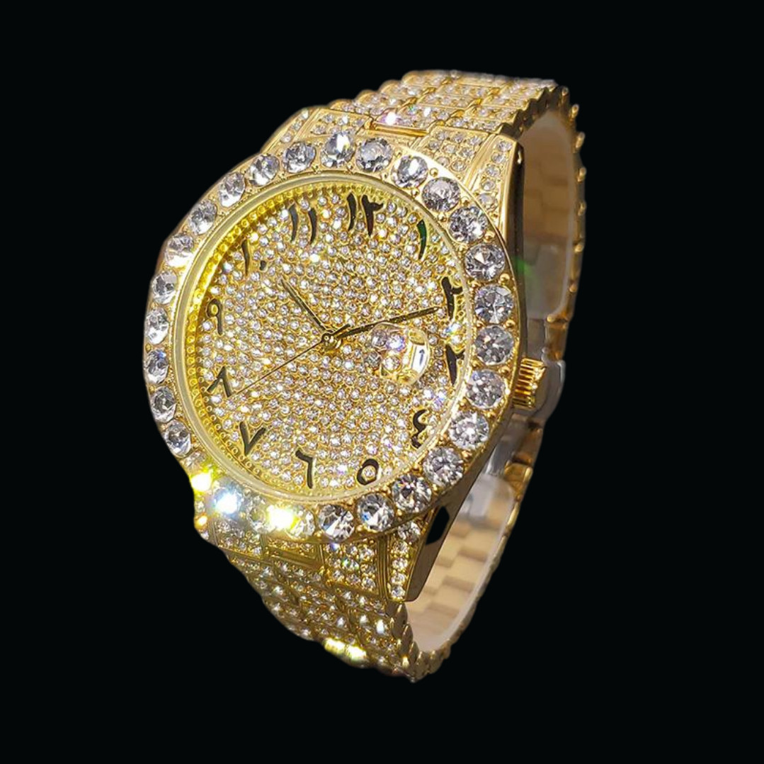 Gold Color Arabic Numerals Date Iced Out Diamond Watch, Luxury Hip Hop Watch