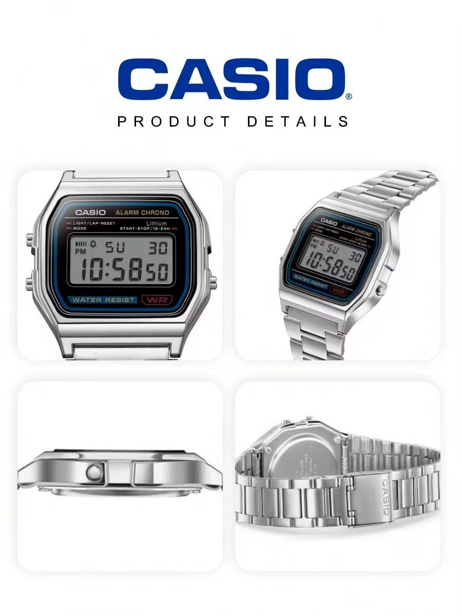 Casio A158WA Vintage Silver Digital Watch Alarm Date 30M Water Resistant