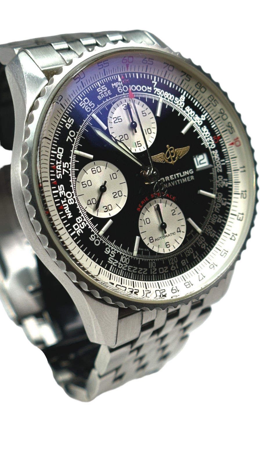 Breitling Navitimer Men’s Black Watch with Baton Indexes Stainless Steel…