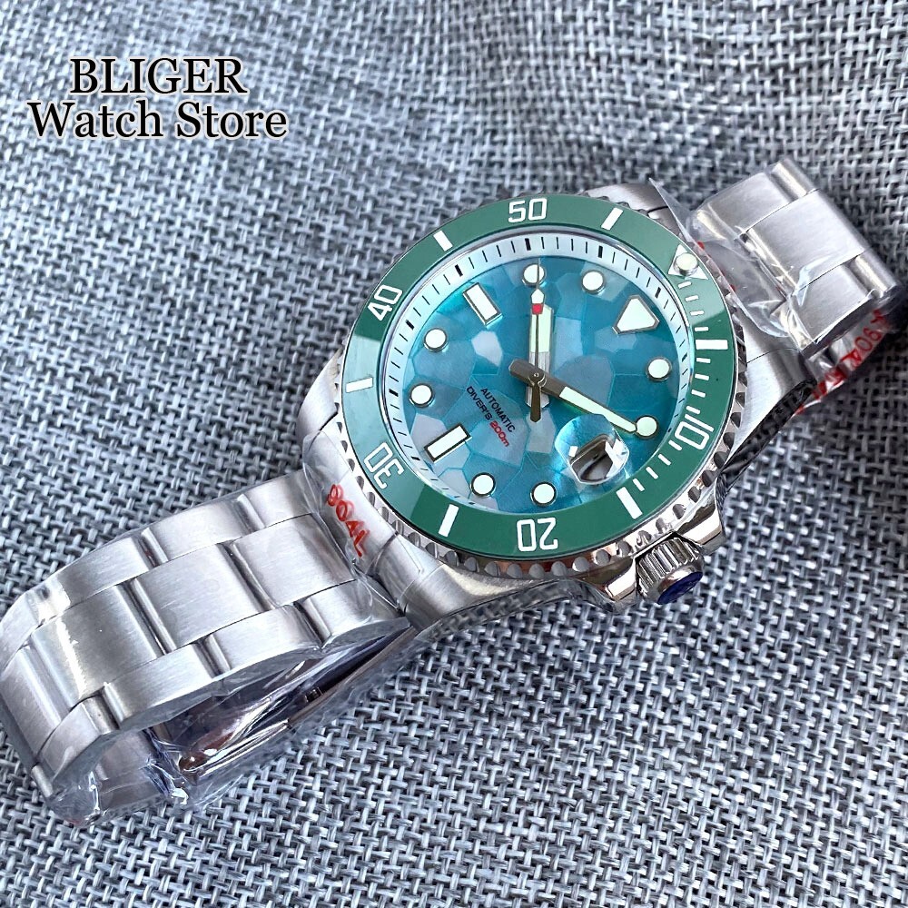 Gloss Shell Dial 200M Waterproof NH35 Men Dive Watch Lume Turquoise Green Steel