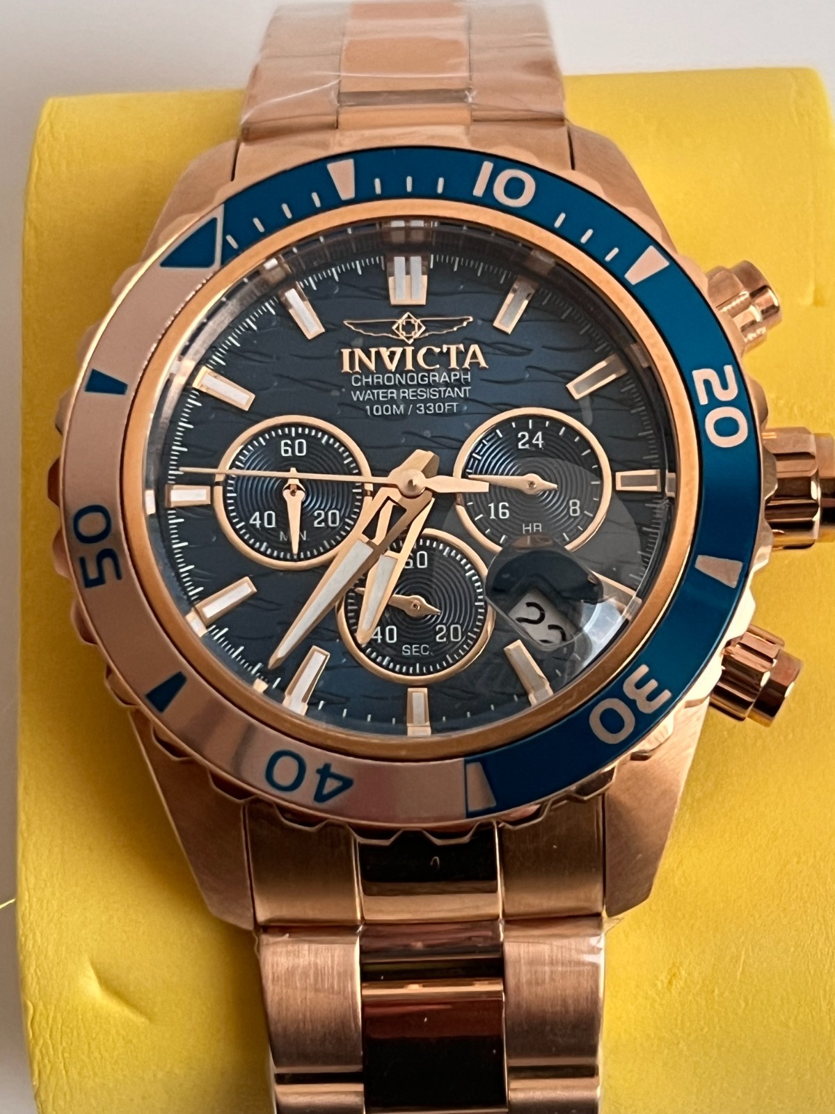 Invicta Pro Diver Chronograph 14348 Rose Gold Blue Dial 100M Men’s Watch New