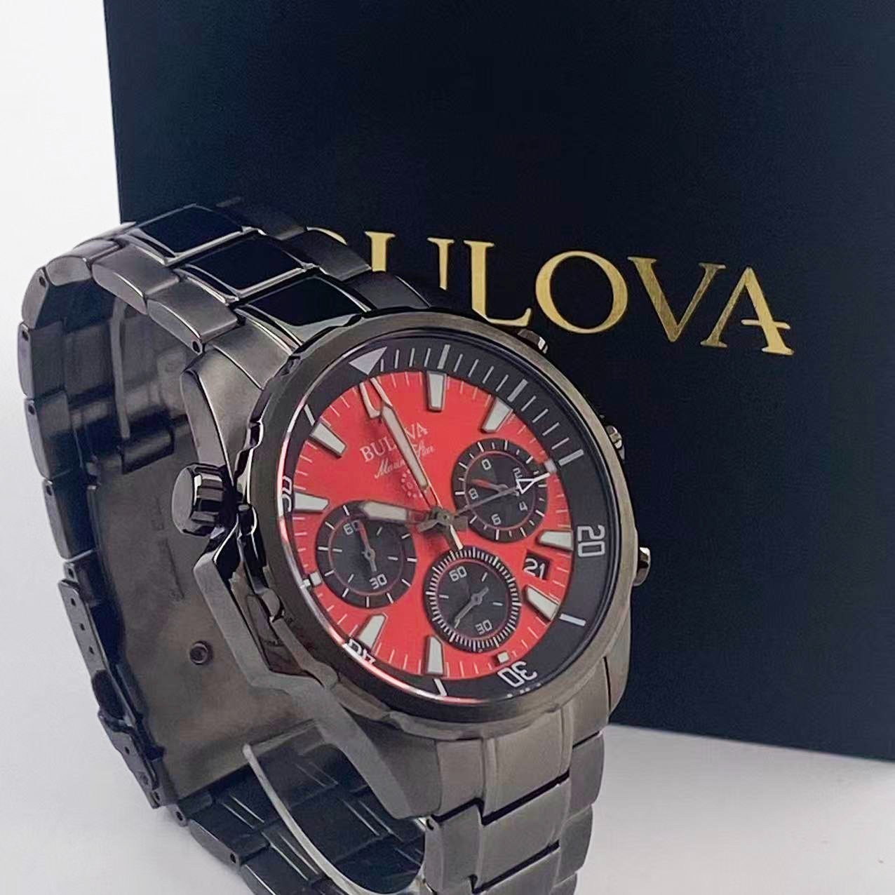 Bulova Marine Star 98B350 Men’s Chronograph Quartz Watch Red Dial Stainless 43mm