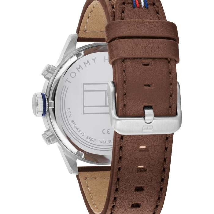 TOMMY HILFIGER CHRONOGRAPH 1791807 BLUE DIAL BROWN LEATHER STRAP 46MM MENS WATCH