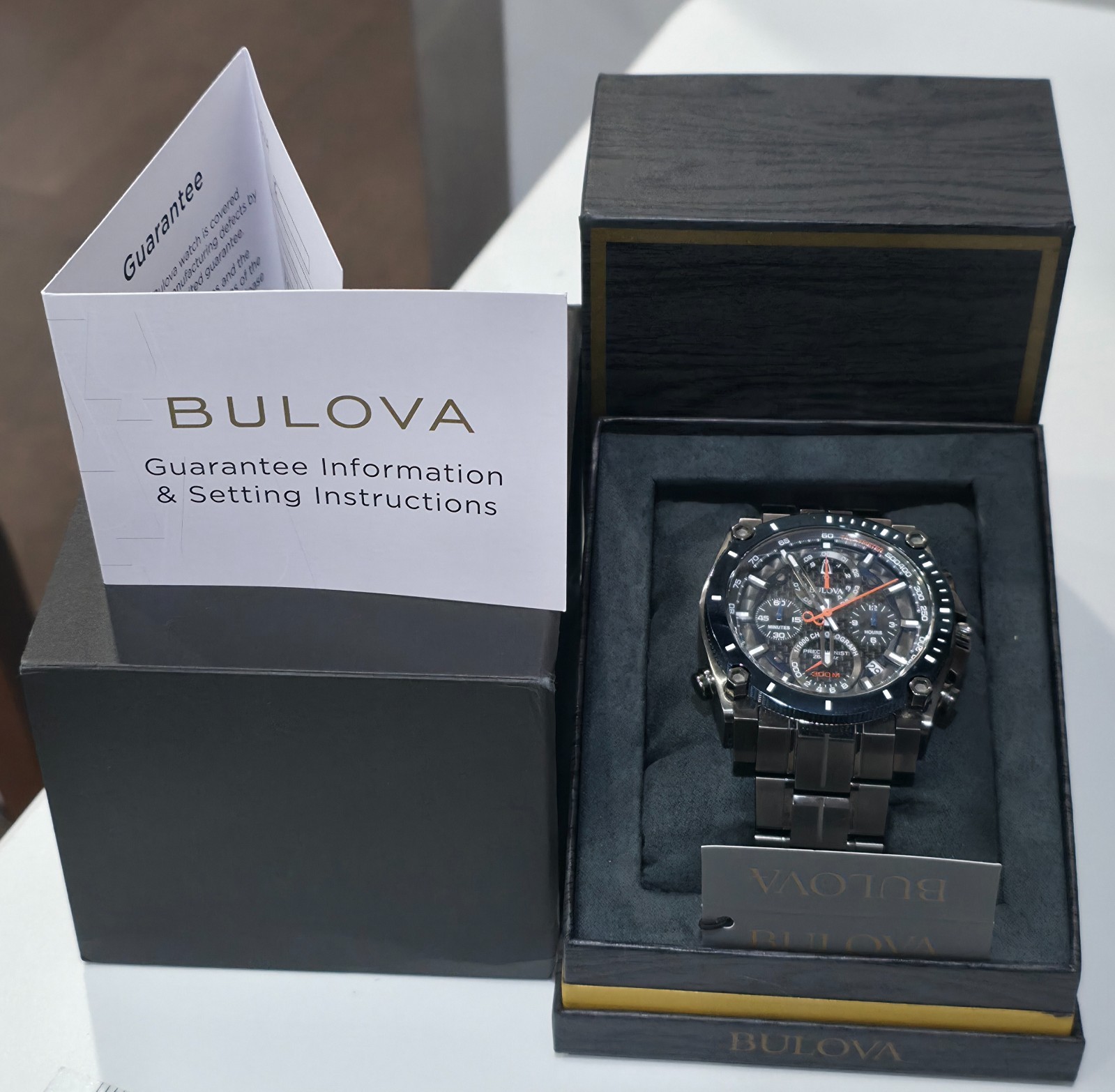 Bulova Precisionist 98B343 Men’s 46mm Chronograph 300M Gray Ion-Plated Watch Box