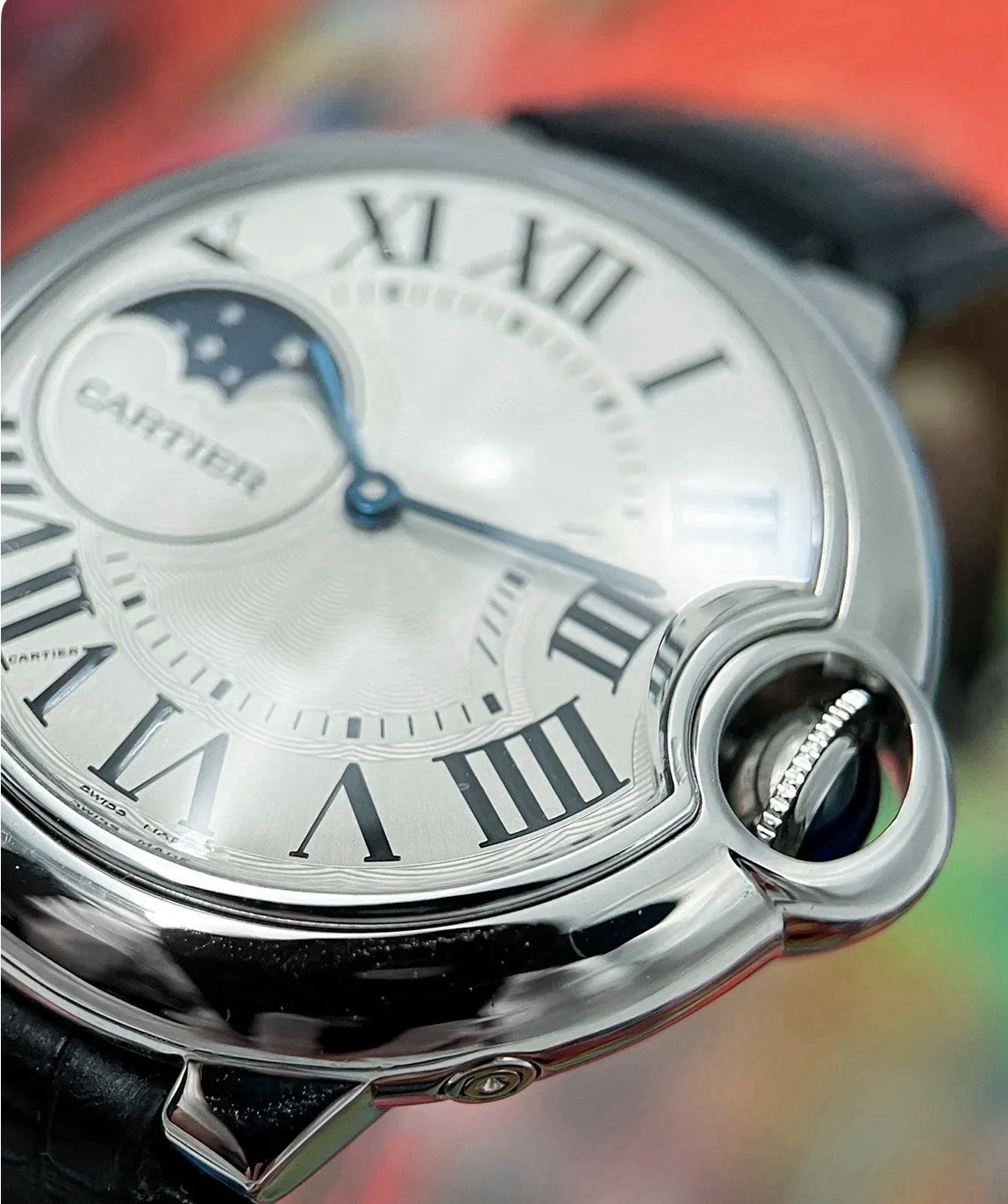 Cartier Ballon Bleu Moon Phase Automatic Swiss Steel Silver Dial Black Strap