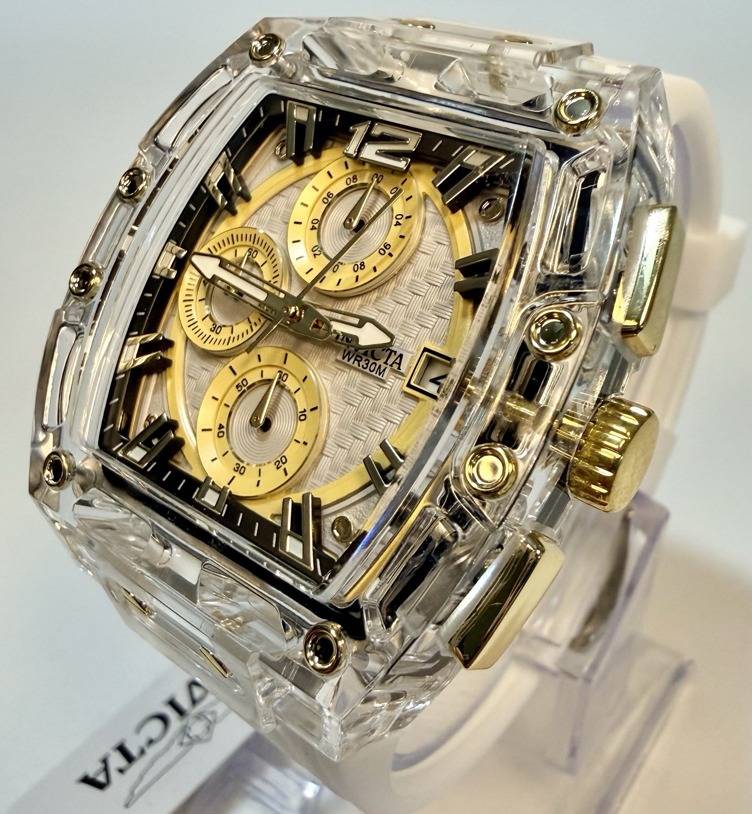 Invicta S1 Rally 42mm Gold Dial Clear Quartz Chronograph White Silicone Watch 70