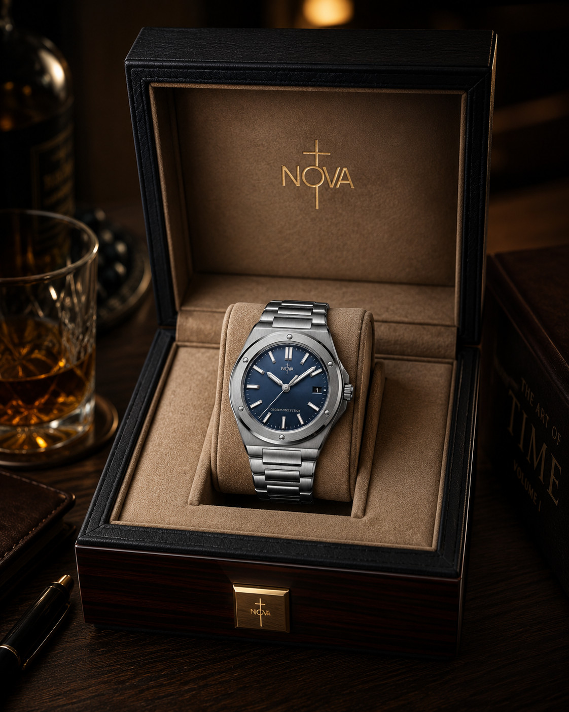 Nova Christian Chosen Custom Watch Blue Dial Steel Bracelet Date