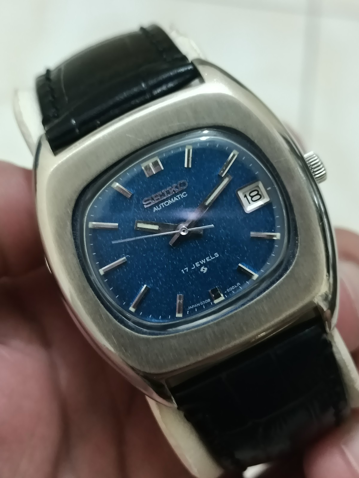 Rare Seiko Automatic Blue Textured Dial Japan Men’s Dress Watch 6308-5000