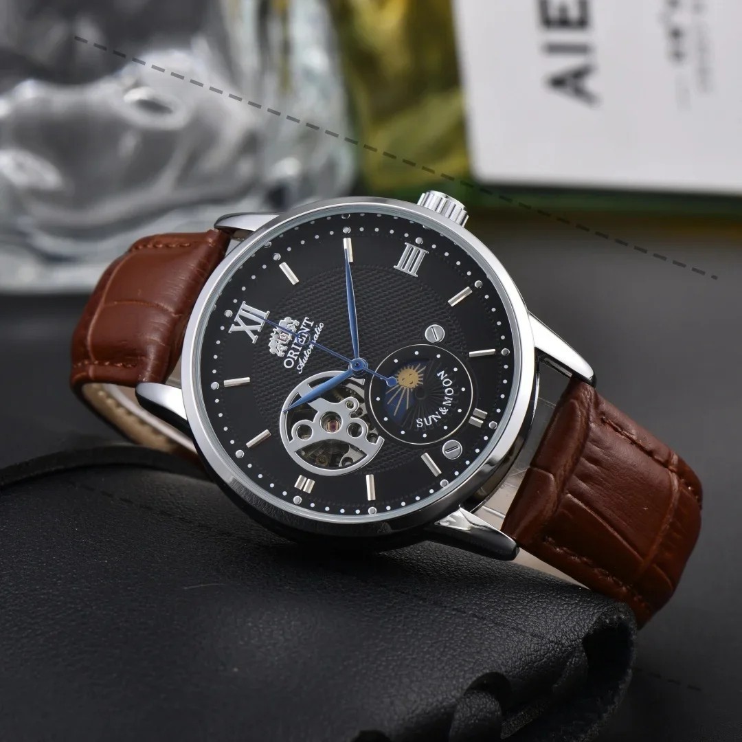 Orient Sun & Moon Semi Skeleton Automatic Watch Men’s Leather Strap Luxury Gift