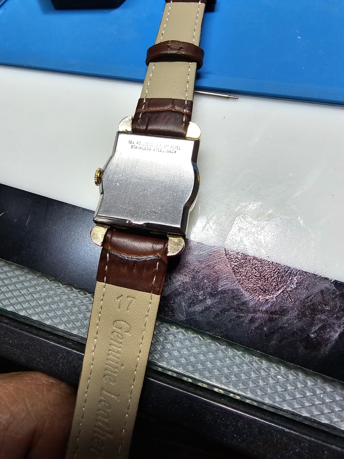 Benrus Tank Vintage 1940s Manual Wind Rectangle Dress Watch Silver Dial Brown