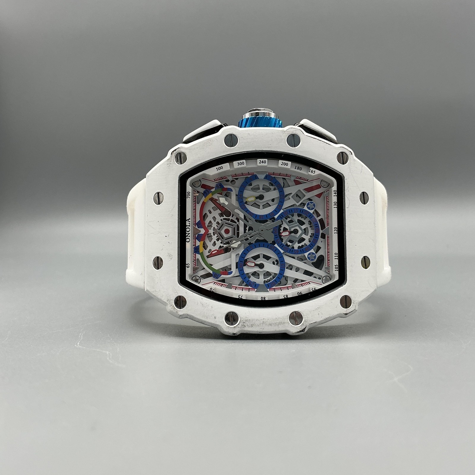 ONOLA Skeleton Mens Watch 44mm White Multicolor Tonneau Silicone New Battery