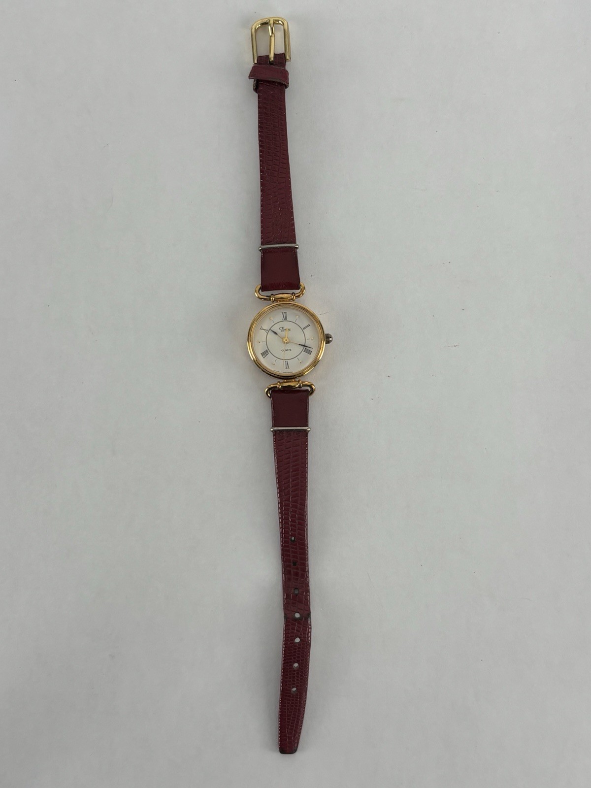 Timex 23mm Gold Tone Quartz Watch w/Red Leather Band & New Battery