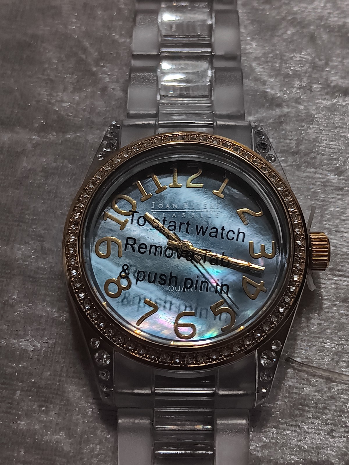 NIB Joan Rivers Classic Collection Clear Acrylic Crystal Watch Blue MOP working