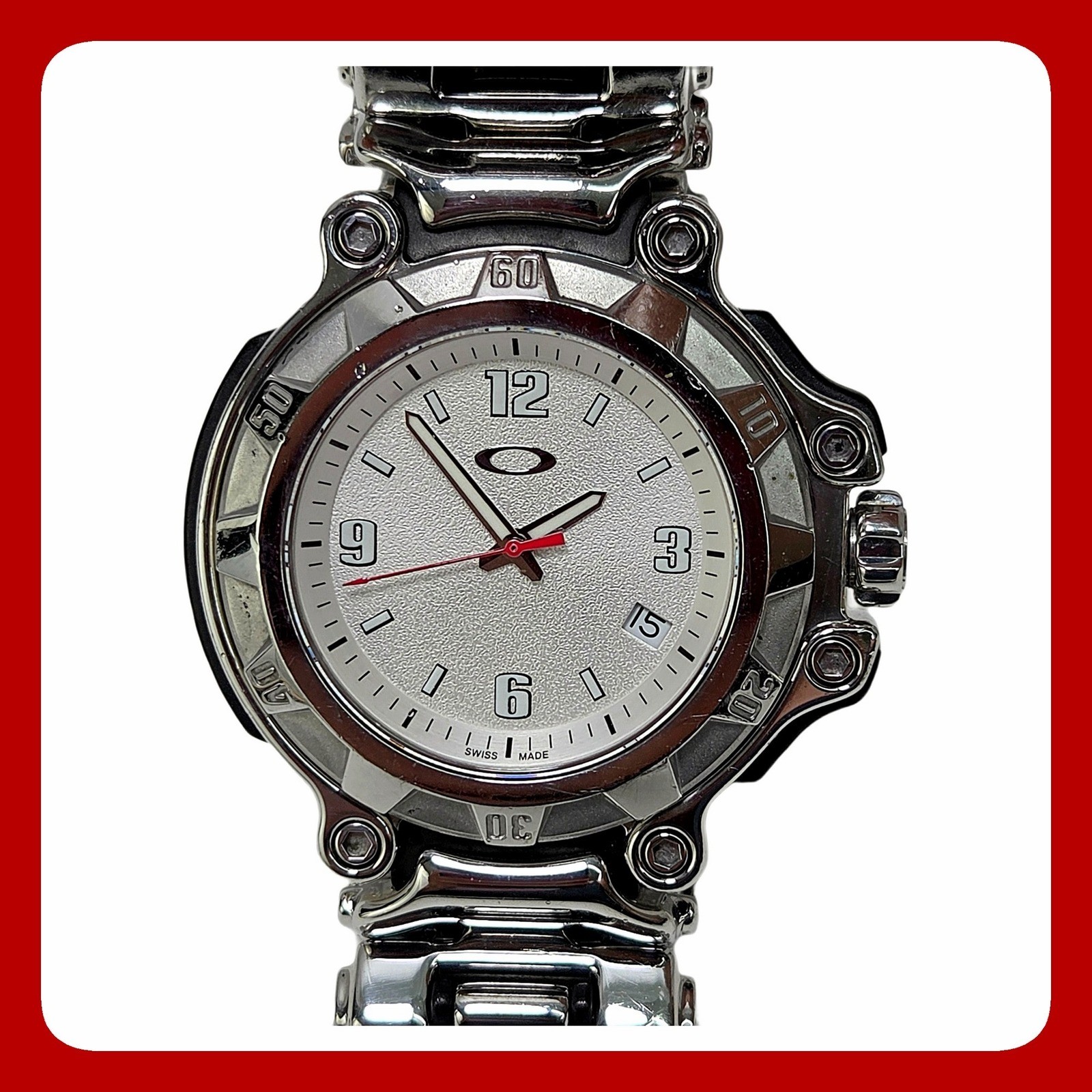 Oakley Crankcase Swiss Quartz Silver Steel Watch 10Bar Sapphire Crystal EUC
