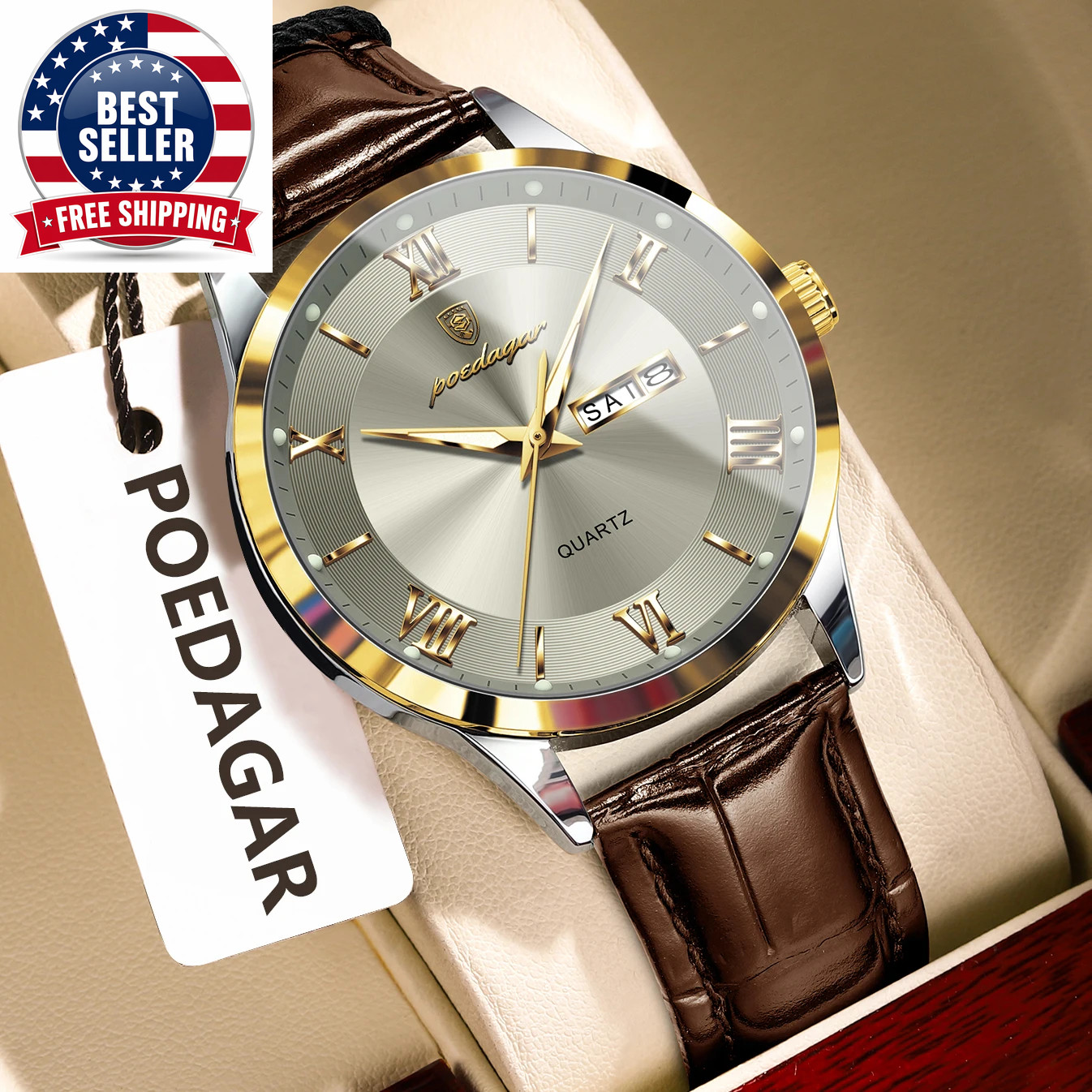 Original Fashion Watch for Man Leather Date Week Quartz Men Watch Waterproof Lum