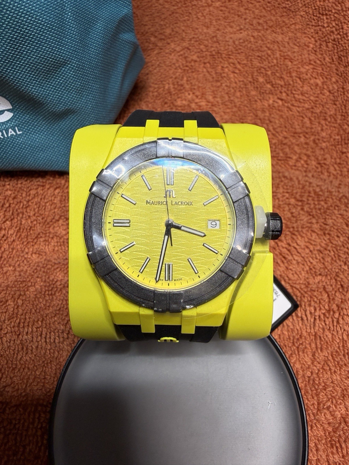 Maurice Lacroix Aikon Tide Wristwatch Yellow Black Rubber Band Wave Dial Date
