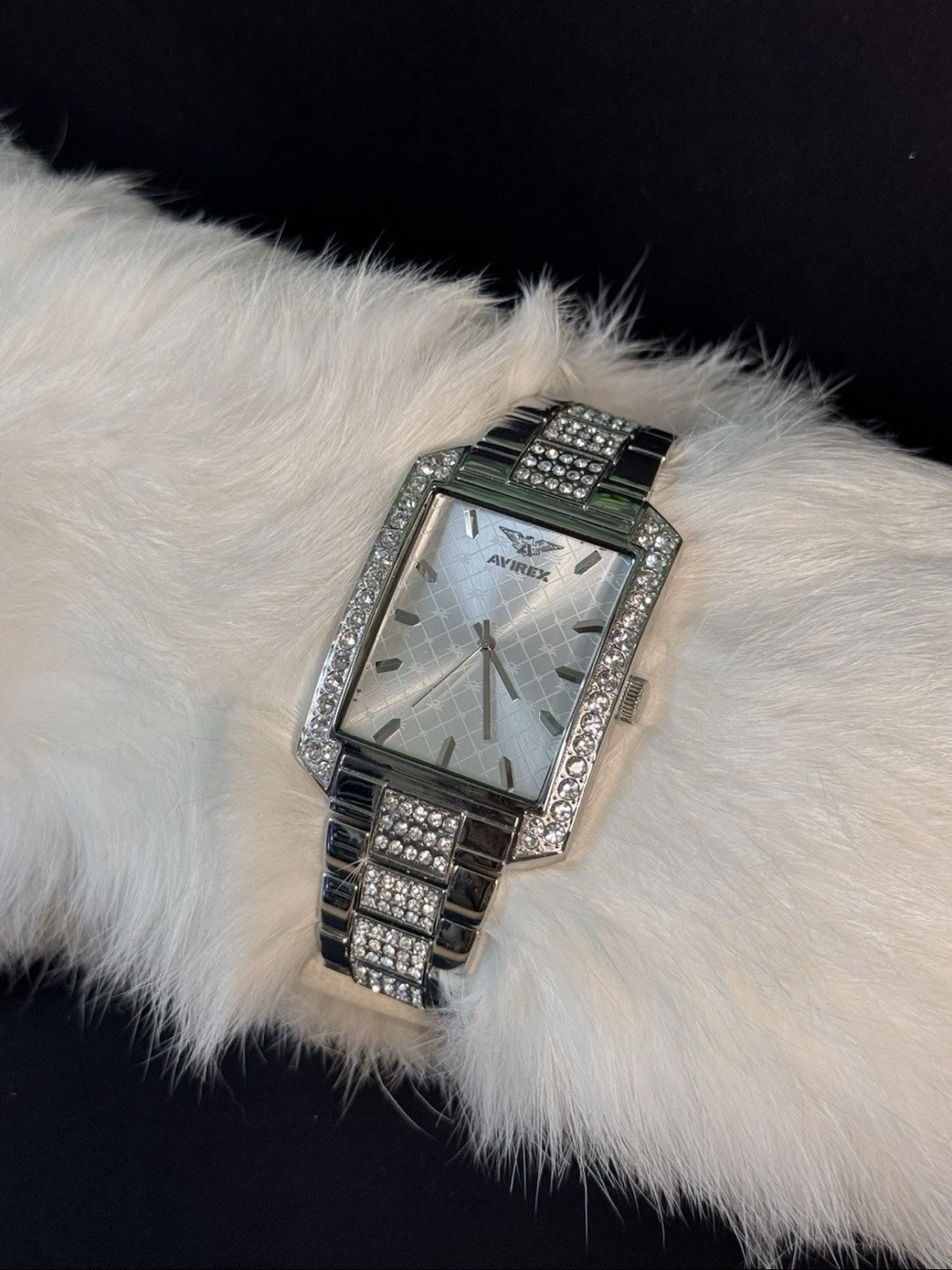 Avirex Men’s Rhinestone Watch – Silver Tone Rectangle Face Bling Iced Out