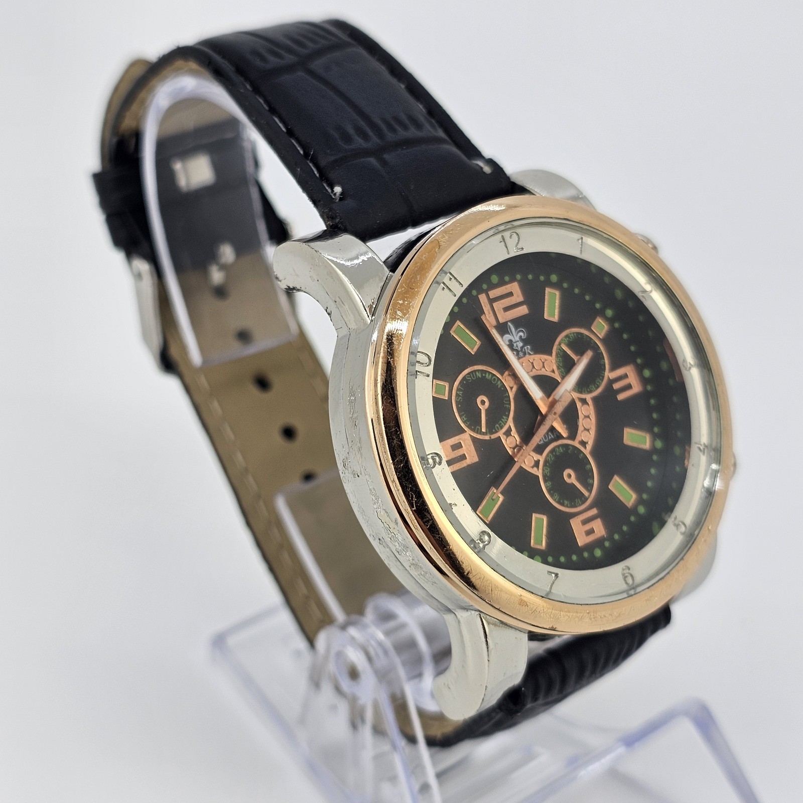 Men’s Analog Watch 43MM Black Dial Black Faux Leather Bands New Battery