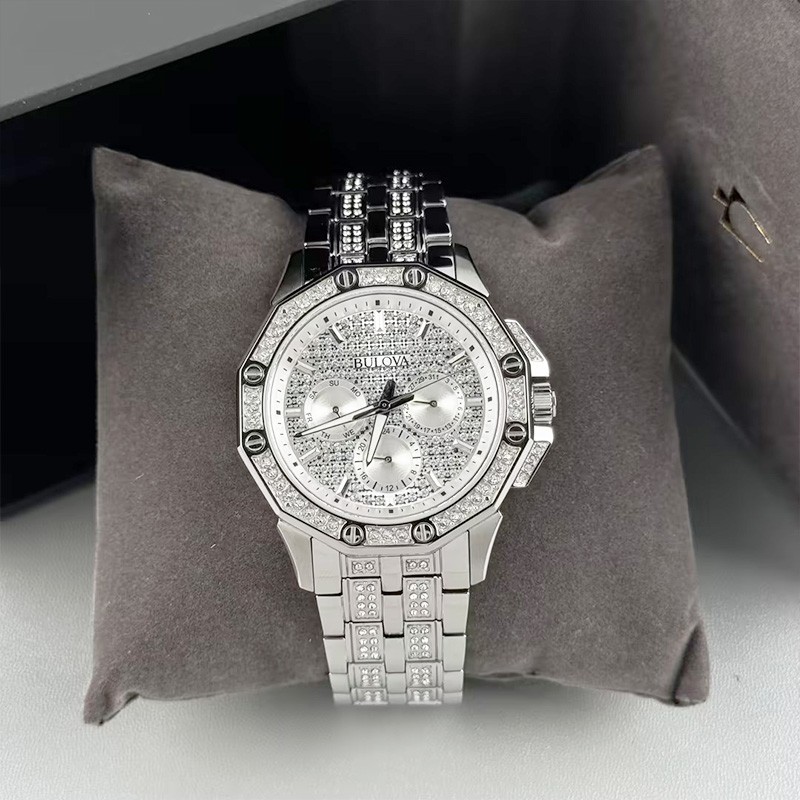 Bulova Octava Crystal 96C134 Silver Dial Chronograph Quartz Men’s Watch 41.5MM
