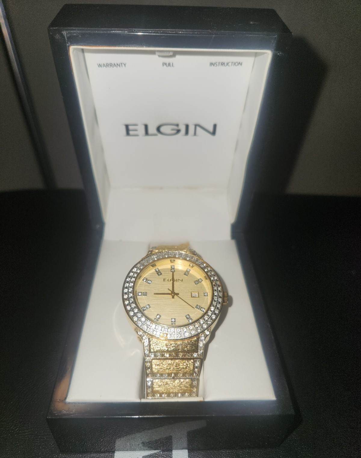 ONE OF A KIND Elgin Gold Tone Analog Quartz Date Watch, Fixed Silver Bezel, Box