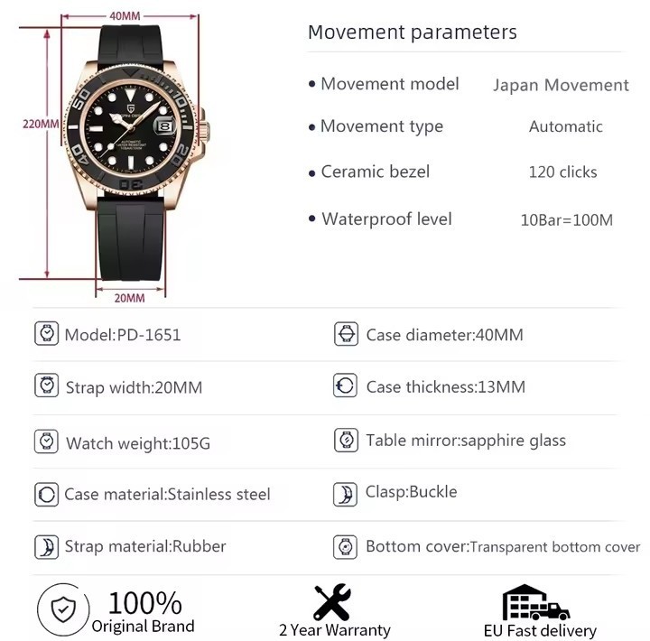PAGANI DESIGN PD1651 Automatic Men’s Watch Sapphire Ceramic Bezel Miyota 8215