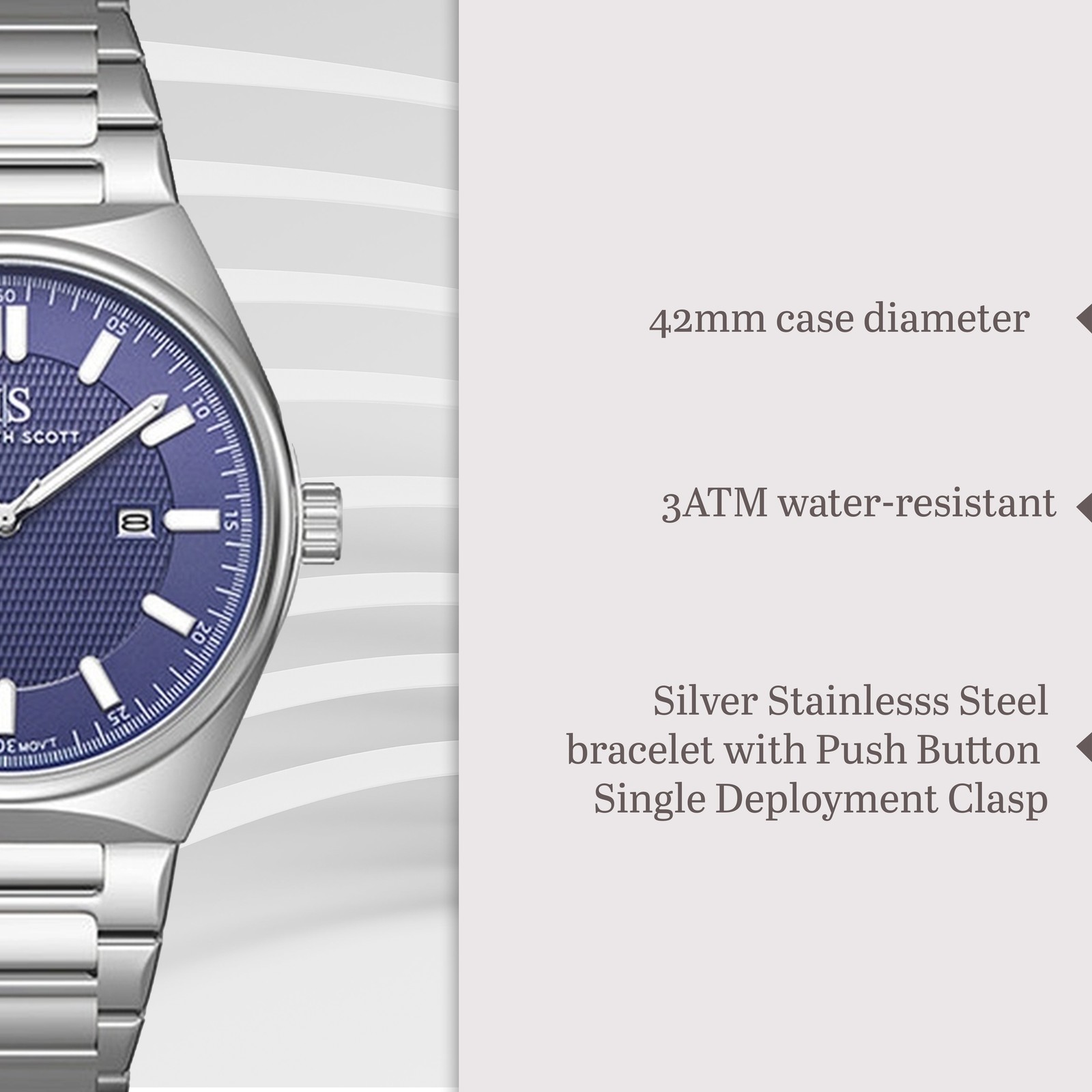 Kenneth Scott Men’s Analog Watch | Blue Dial, 42mm, 30 m (3 ATM)