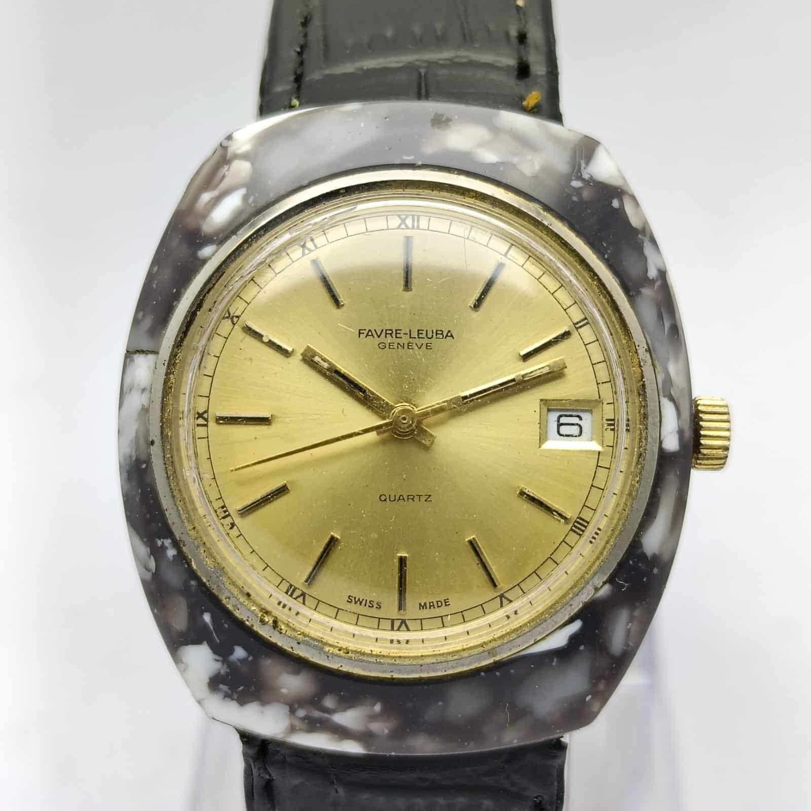 Favre-Leuba Genève Quartz Golden Dial Marble Bezel Vintage Men’s Watch
