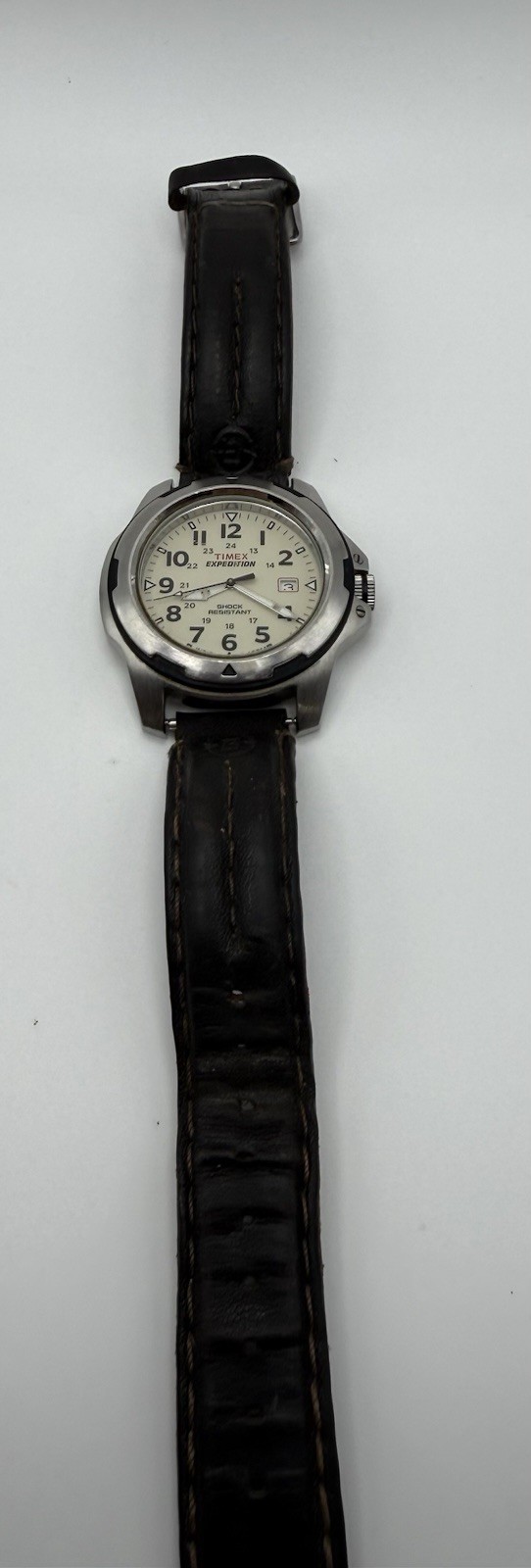 Timex Expedition Mens Quartz Analog Beige Dial Date Black Leather Strap 100m