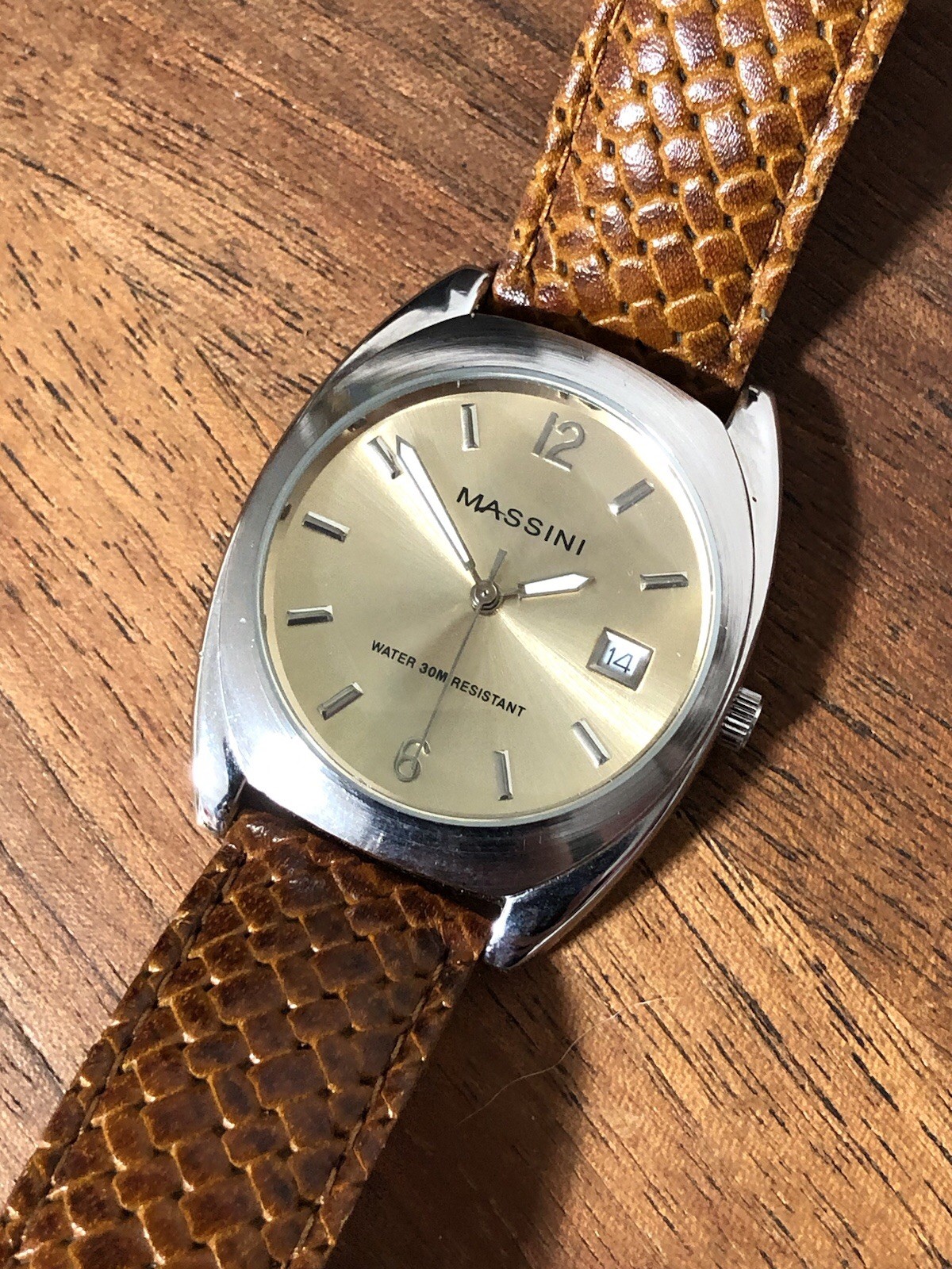 Massini Watch Silver Tone Brown Leather Band Japan Quartz,Date,35mm New Battery