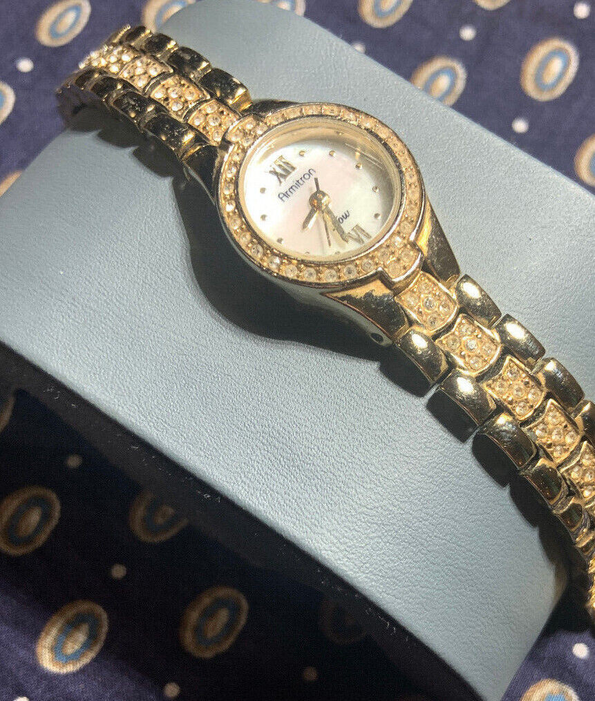 Armitron Now Vintage Watch Gold Tone MOP Dial Crystal Band Bezel New Battery 7″