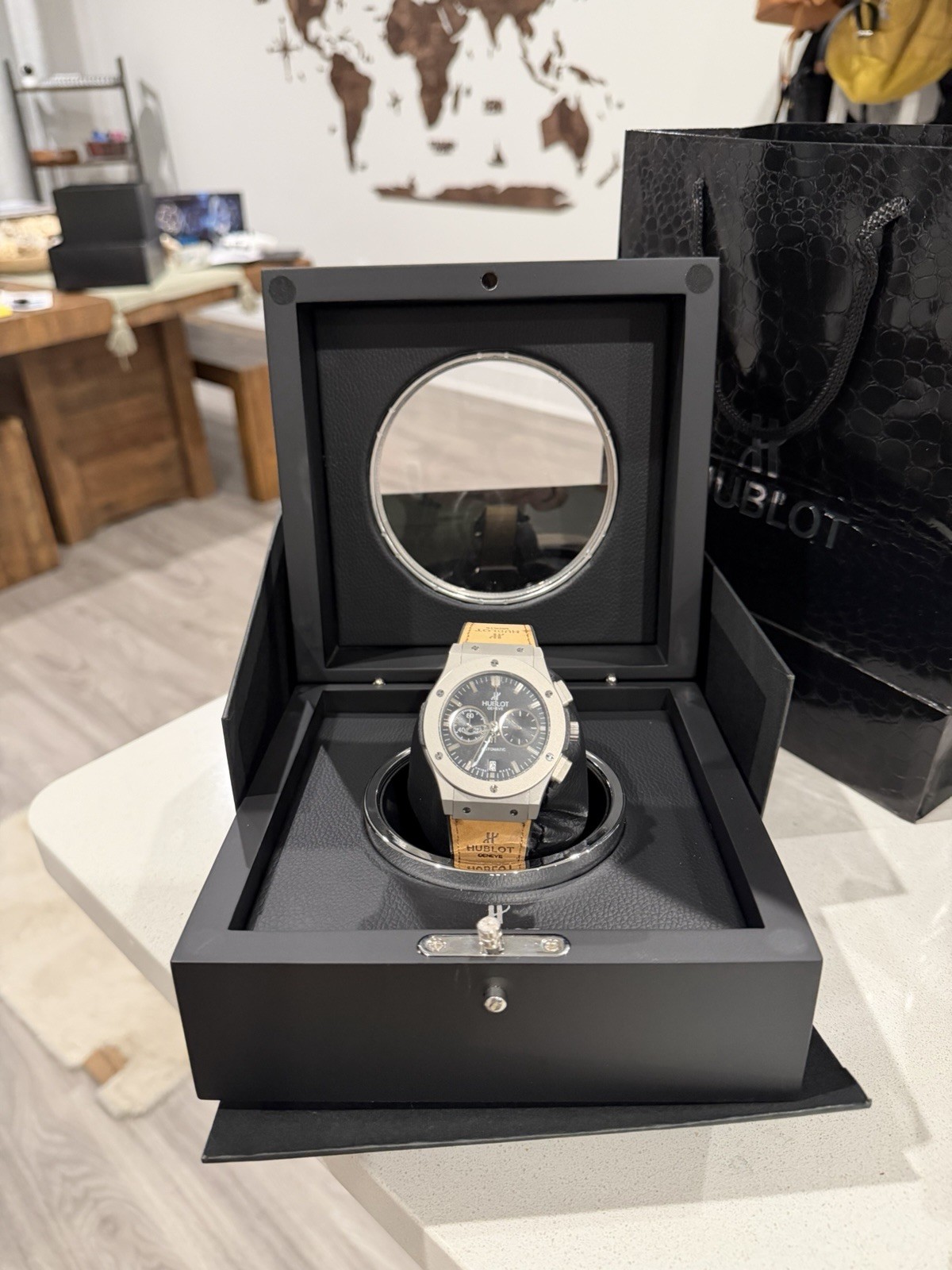 Hublot Big Bang Auto Chronograph Date Black Dial Steel Rubber Strap Box