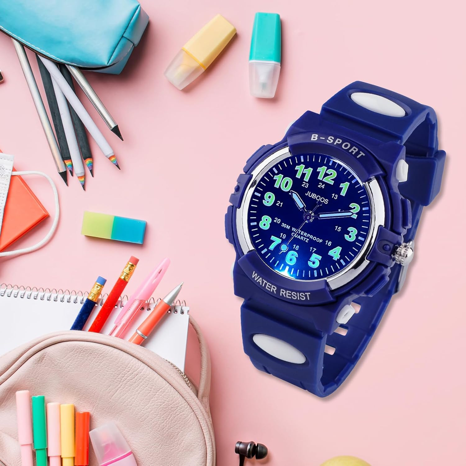 Kids Analog Watch 7 Color Night Lights Waterproof Soft Strap Age 5-18