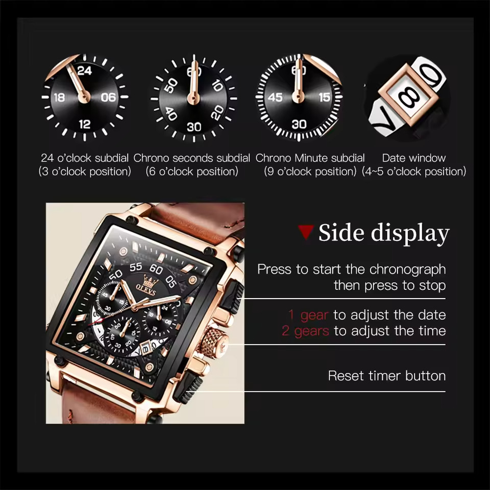 OLEVS 9919 Square Quartz Wristwatch  Waterproof Luminous Sports Men’s Watch