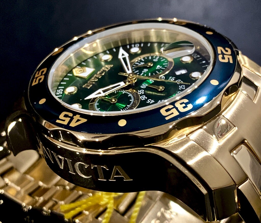Invicta Mens Pro Diver Scuba Chronograph Green Dial 18Kt Gold Plated Watch 0075