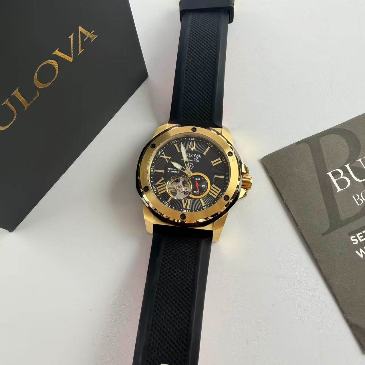 Bulova 98A272 Men’s Marine Star Automatic Watch Black Dial Silicone Strap 44.5mm