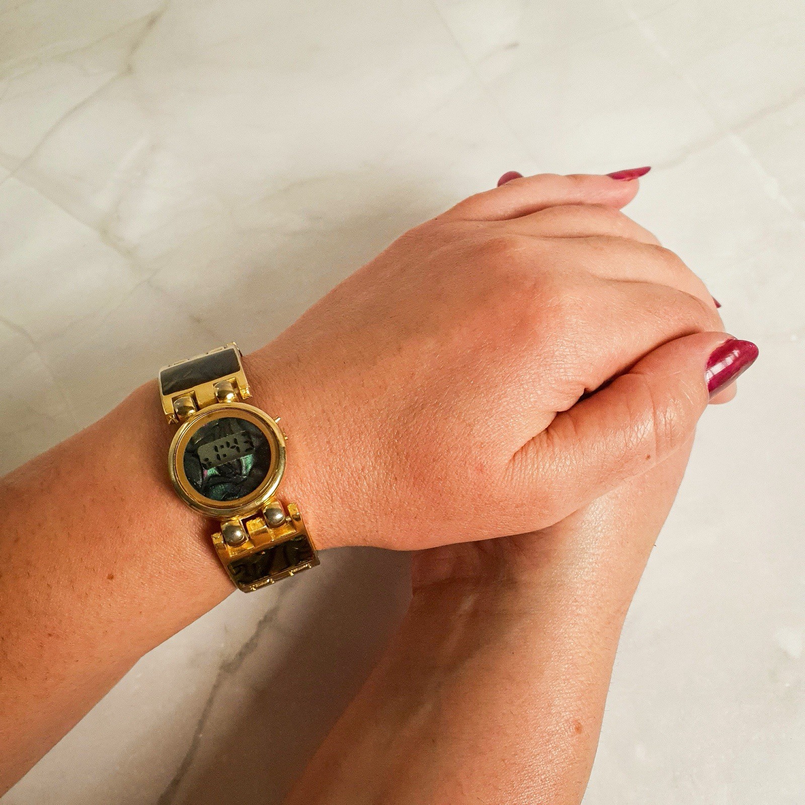 Vintage Ladies Gold Tone Digital Bracelet Watch Abalone Effect Working New Batt