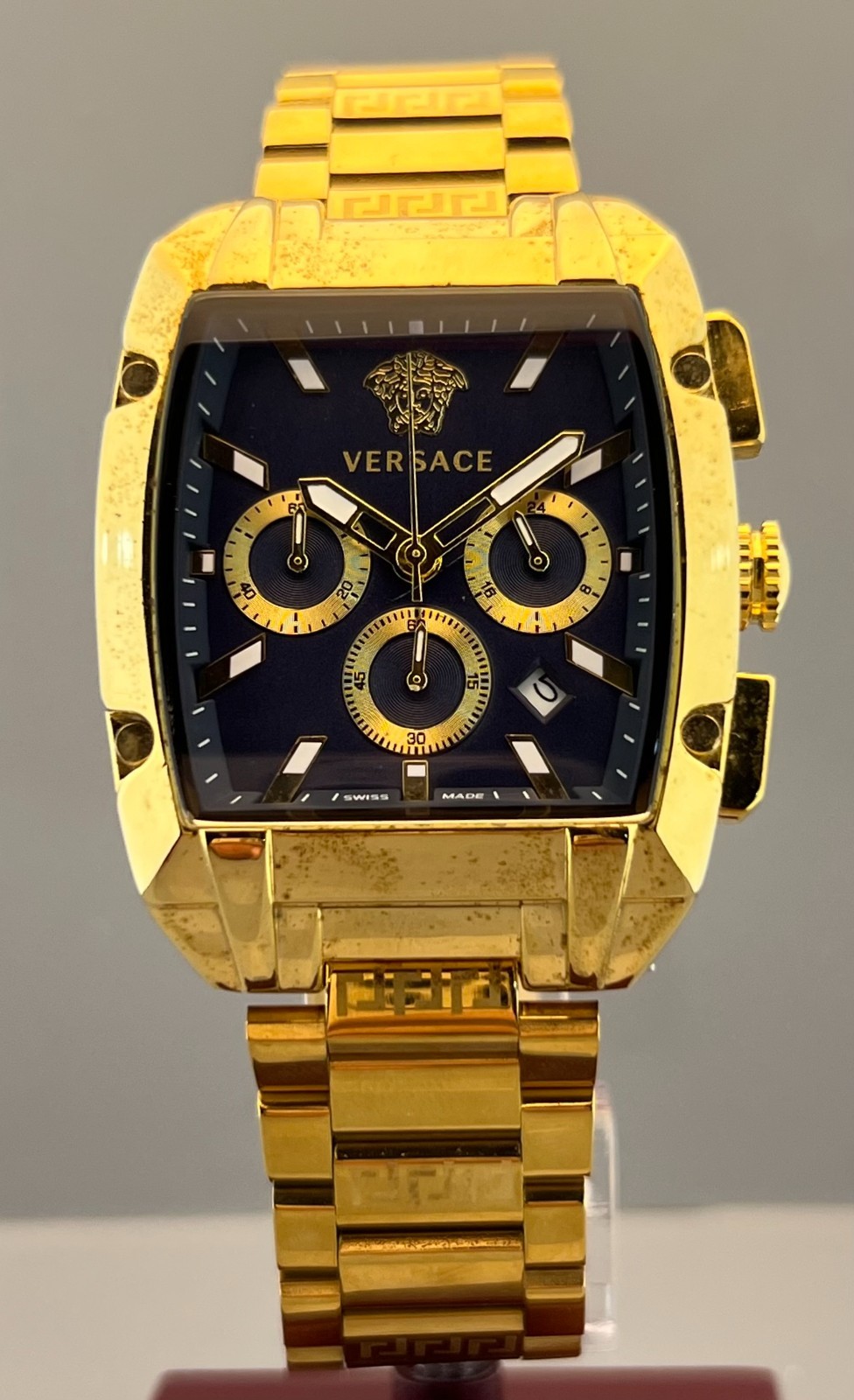 Vintage Men’s Versace Dominus Chrono Quartz Blue Dial Gold-Plated Wristwatch