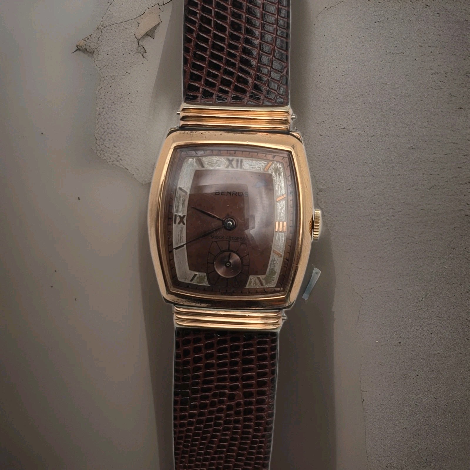 Vintage Benrus Three-Tone Tank Watch Copper Salmon Dial Hooded Lugs RUNNING