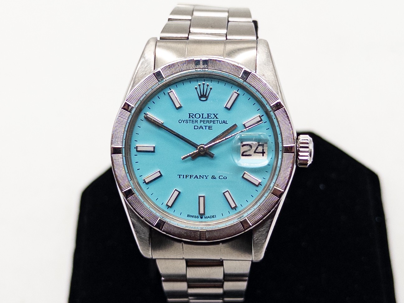 Estate $15,000 ROLEX DATE 34mm SS Blue Tiffany & Co SS Mens Watch SERVICED