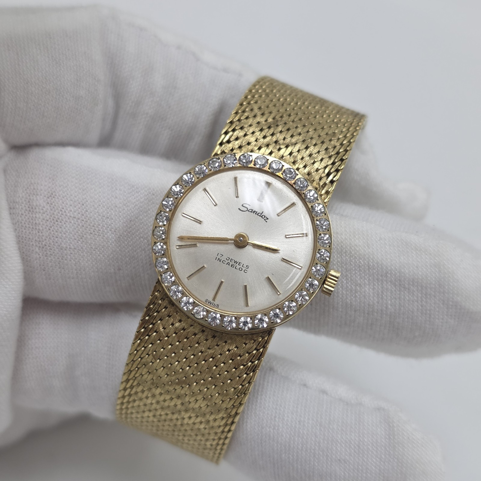Vintage Elegant Sandoz Ladies Dress Wrist Watch Rhinestone Gold Tone 17J Swiss