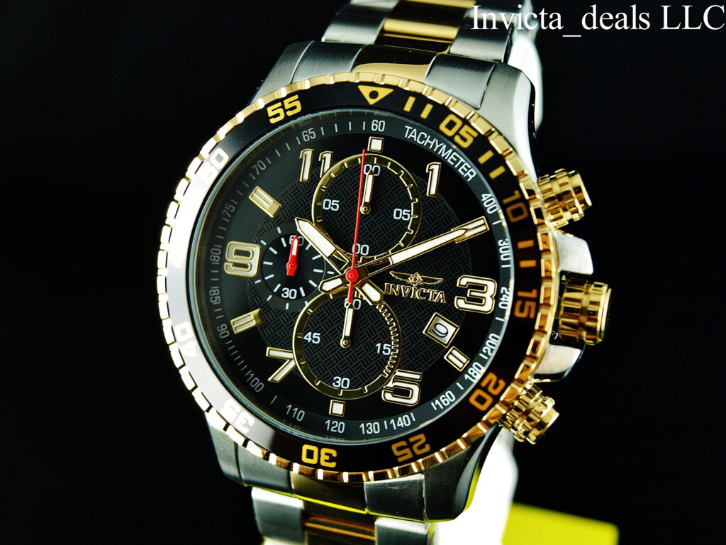 NEW Invicta Men’s 45mm PILOT Specialty Chrono Black Dial 18K Gold 2Tone SS Watch