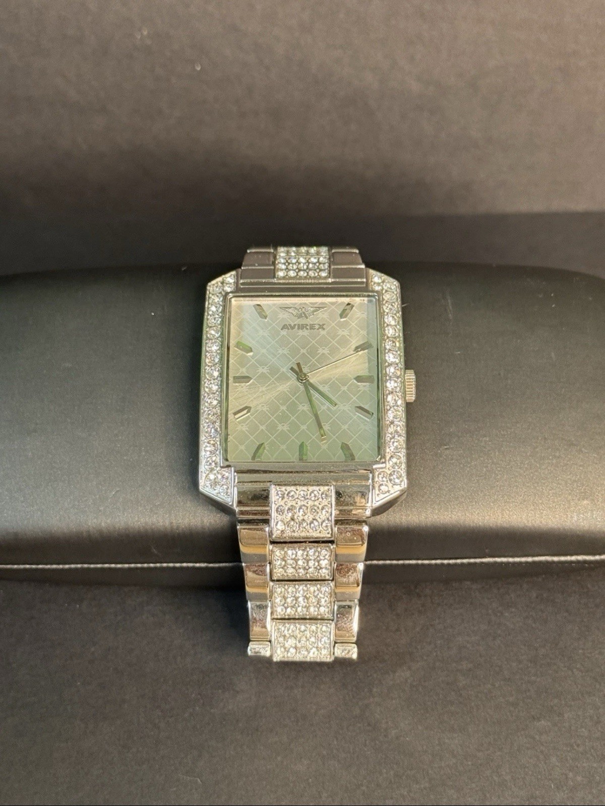 Avirex Men’s Rhinestone Watch – Silver Tone Rectangle Face Bling Iced Out