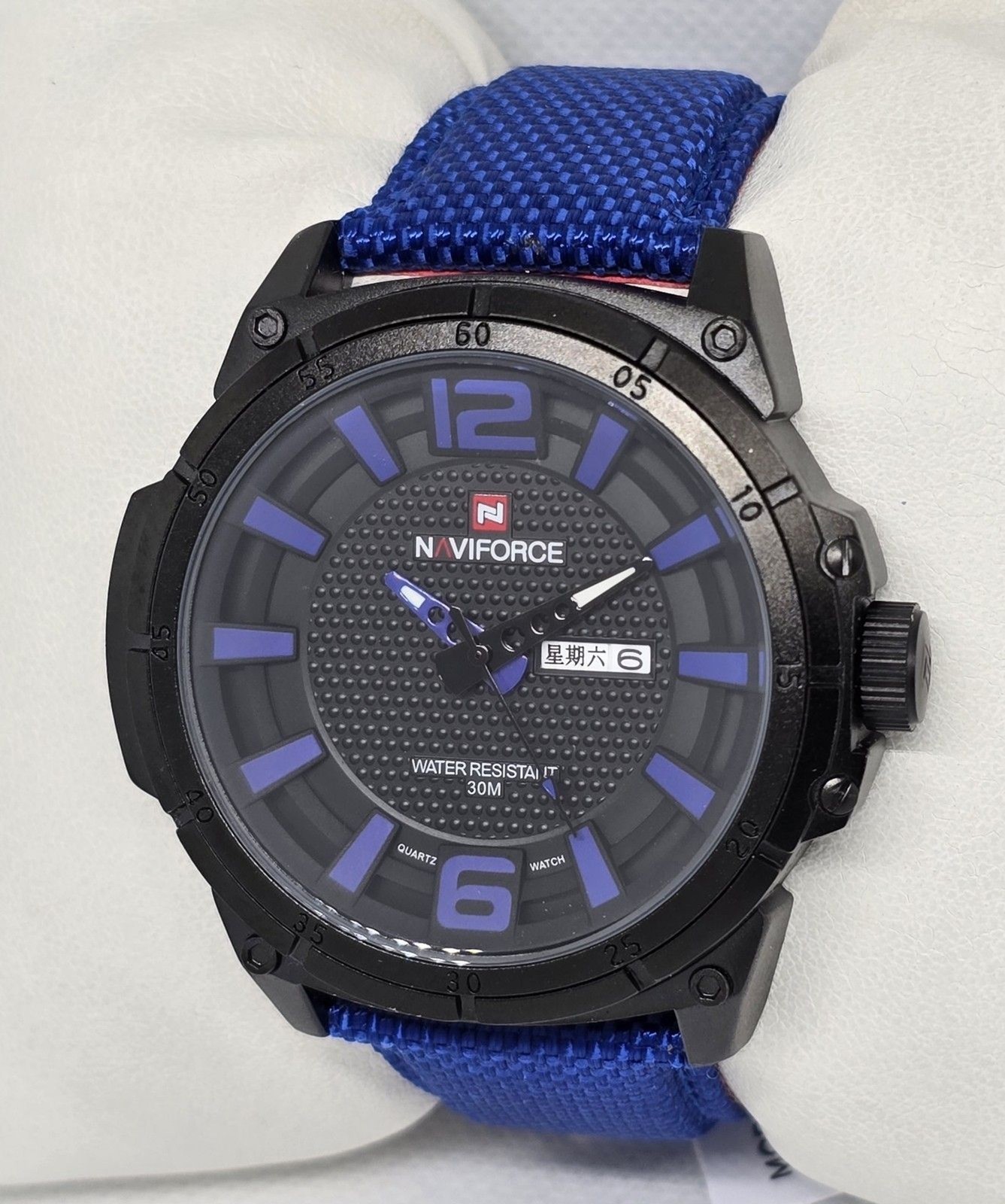 Men’s Naviforce NF9066M Round Black Dial Date/Day Blue Nylon Strap Watch 08