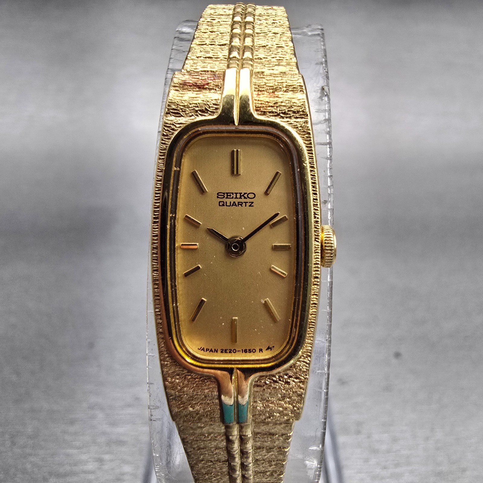 Seiko Watch Women 13mm Gold Dial Gold Tone Rectangle 2E20-6319 New Battery VTG