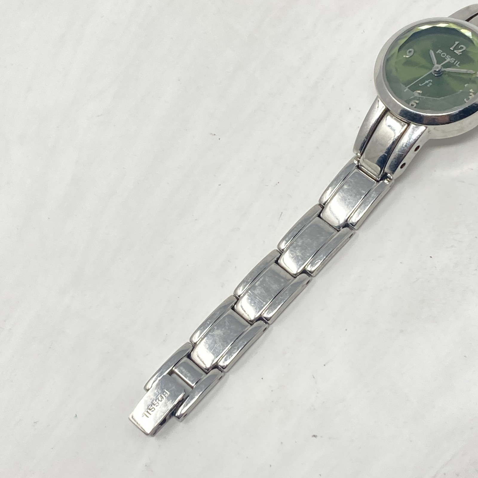 Fossil F2 Womens Watch 22mm Silver Tone Green Dial Faceted WR New Battery 6.25″