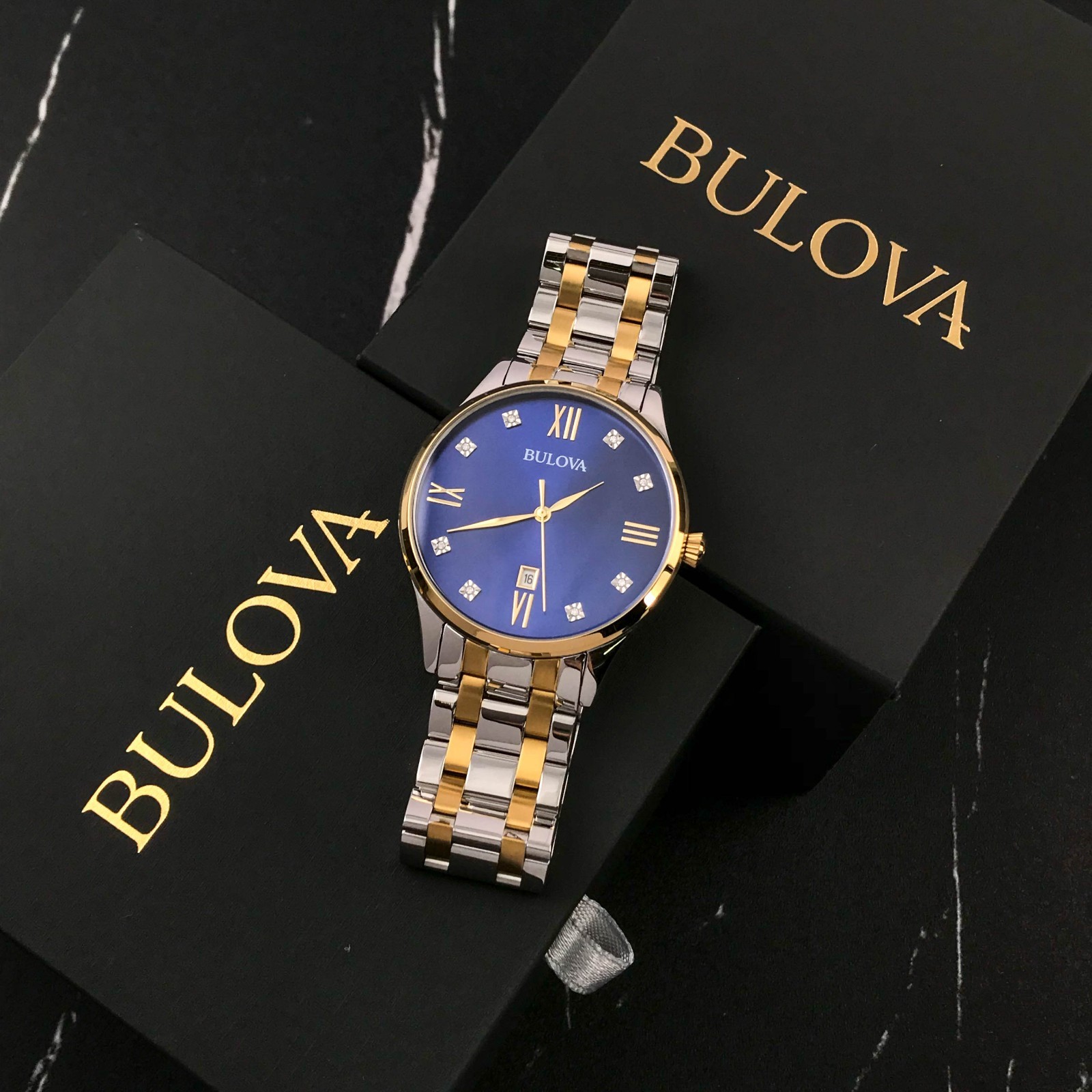 Bulova Classic 98D130 Men’s Diamond Accent Two-Tone Blue Dial 40mm Quartz Watch