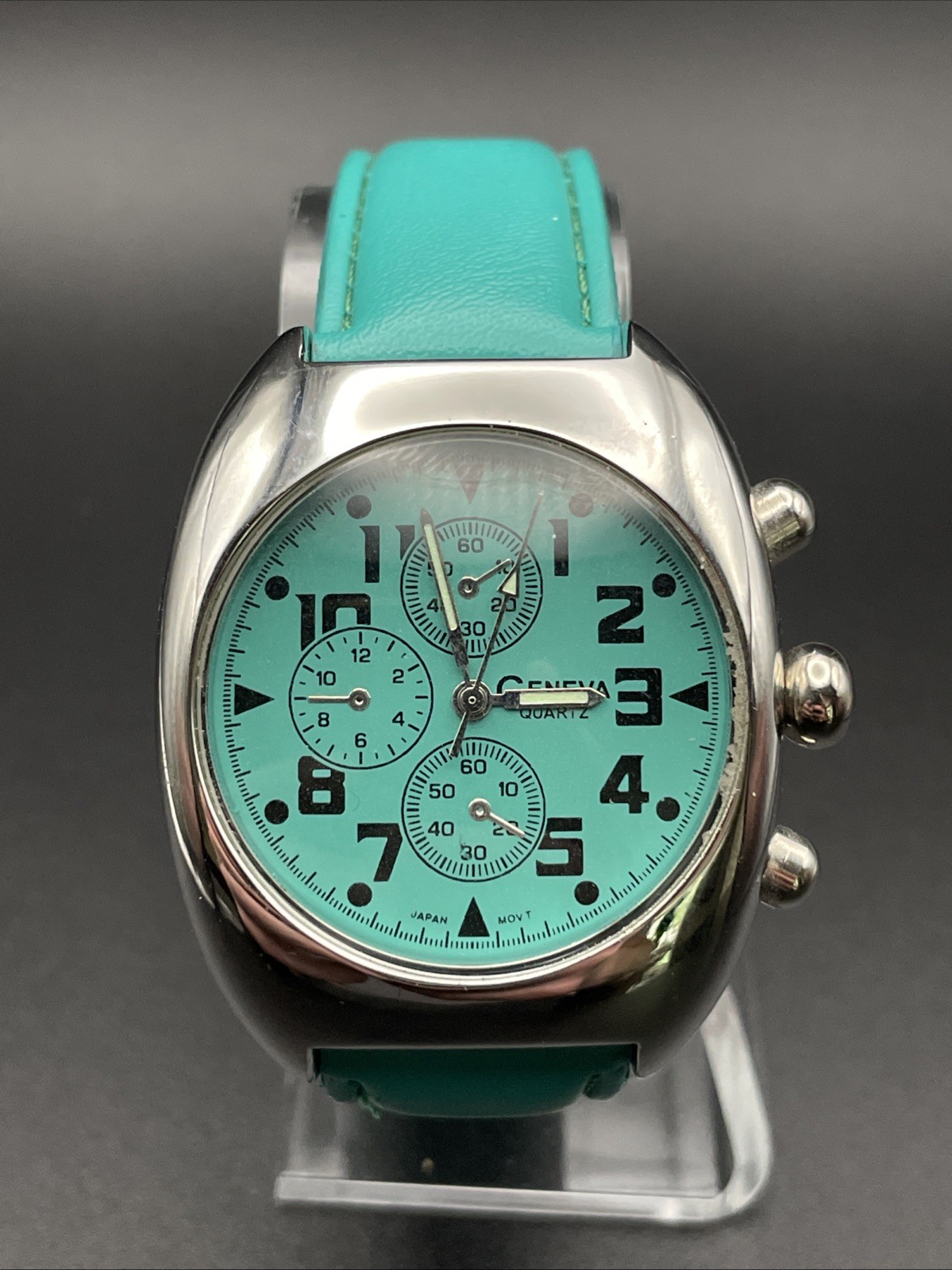 Geneva Chronograph Green Round Silver Tone Case Green Faux Leather Band Watch